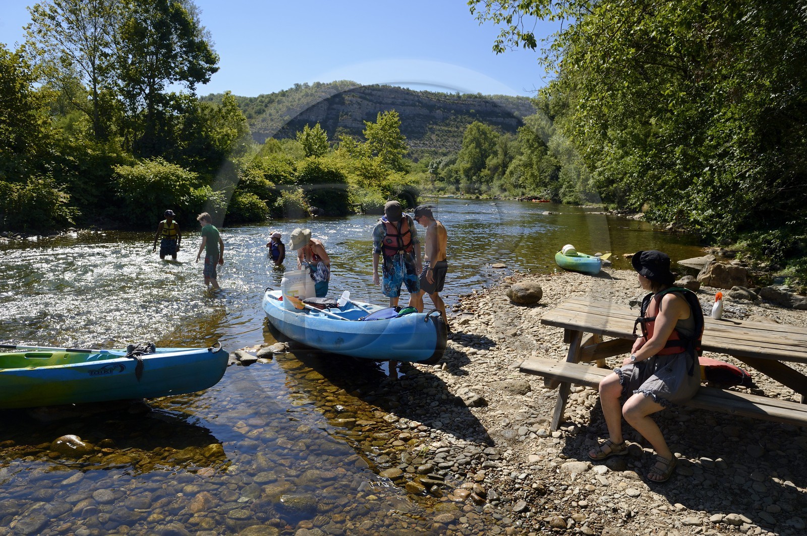 France, Ardeche, Les Vans, kayaks going down the Chassezac River