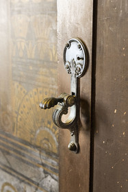 France, Alpes-Maritimes, Beaulieu-sur-Mer, neo-Greek style villa Kerylos build in 1908 by architect Emmanuel Pontremoli, door handle with ancient Greek shapes and patterns