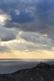 France, Corse-du-Sud (2A), le site naturel de Cala de Roccapina, la tour génoise et le rocher du Lion