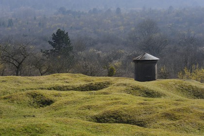 France, Meuse, Verdun area, shell hole on the 320 shelter along the Douaumont Ossuary