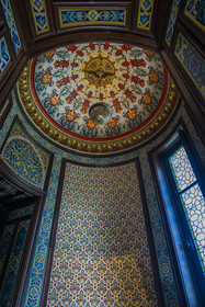France, Pyrenees Atlantiques, Basque Country coast, Hendaye, Abbadia castle built in 1870 by Eugène Viollet-le-Duc for Antoine d'Abbadie d'Arrast, the Arabic smoking room with its painted cupola and Moorish style staff walls