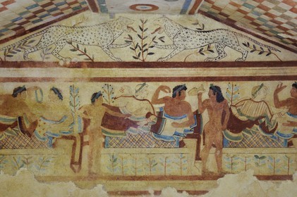 Italy, Lazio, Province of Viterbo, Tarquinia, Ancient Etruscan necropolis Monterozzi (Necropoli dei Monterozzi) listed as World Heritage by UNESCO, Tomb of the Leopards (Tomba dei Leopardi)