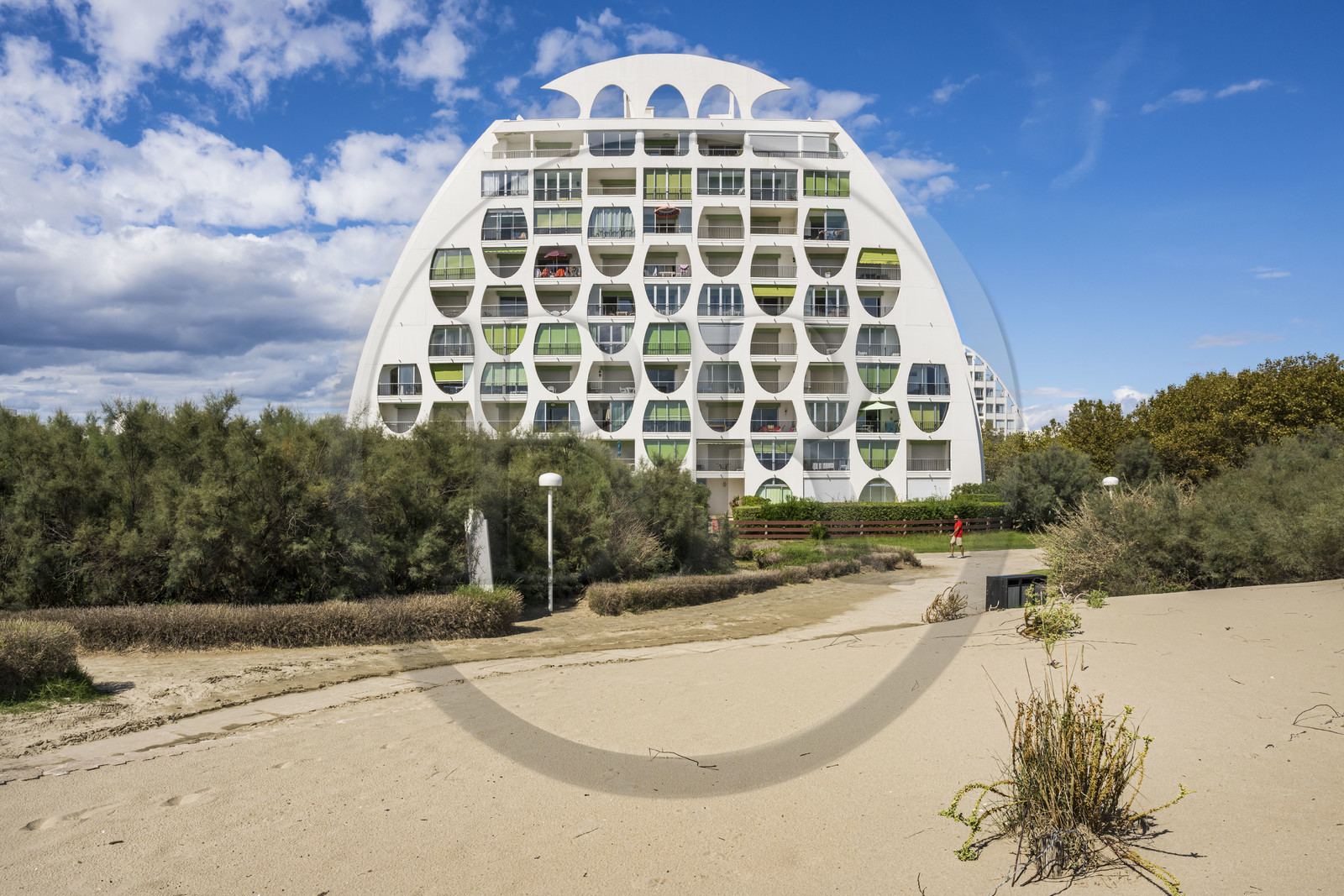 France, Herault, La Grande-Motte, labeled 20th century heritage, Couchant (setting sun) district west of the port, Le Poseidon building by architects Gilles and Jean Balladur, belonging to the so called bishops bonnet female architectural style