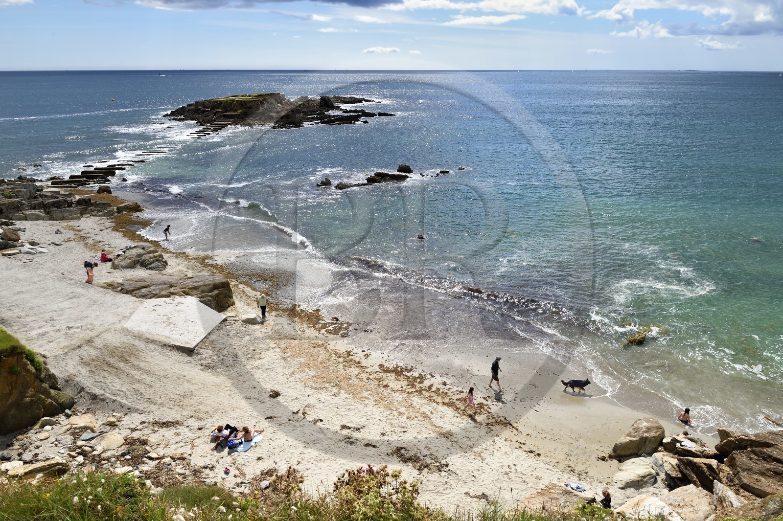 France, Finistère (29), Moelan-sur-Mer, le littoral entre Kerfany les Pins et la plage de Trenez sur le chemin de Grande Randonnée GR 34 ou sentier des douaniers, l'Ile Percée en arrière plan