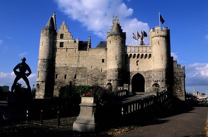 Belgium, Flanders, Antwerp (Antwerpen), the Langer Wapper statue in front of the Steen fort, navy museum