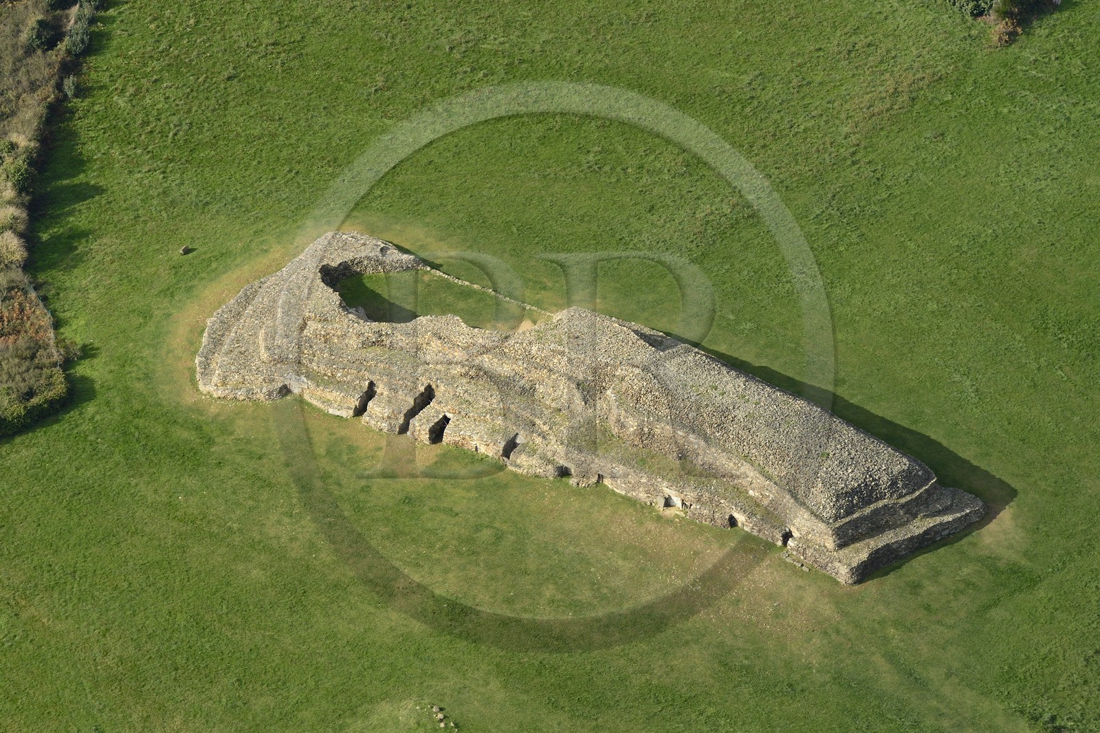 France, Cotes-d'Armor, Kermehelen peninsula (Morlaix Bay), Barnenez cairn, 6000 years old made of two cairns (aerial view)