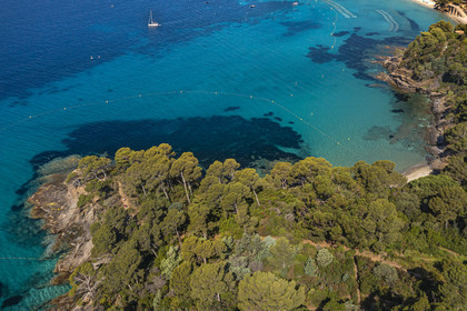 France, Var, Le Rayol Canadel sur Mer, Domaine du Rayol, Conservatoire du Littoral Estate compulsory mention, Jardin des Mediterranees designed by landscaper Gilles Clément, marine path area in the Marine Garden (aerial view)