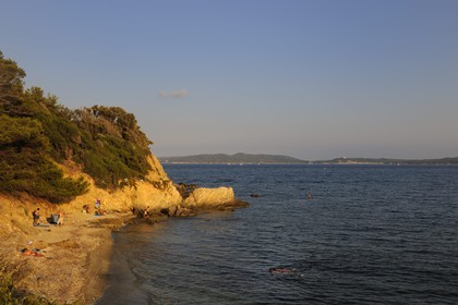 France, Var, Presqu'ile de Giens, the coast around the Tour Fondue, snorkeling with the  île de Porquerolles in the background