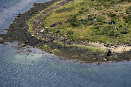 France, Morbihan, Gulf of Morbihan (Golfe du Morbihan), Er Lannic island with a Cromlech megalithic site (aerial view)