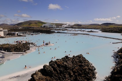 Iceland, Sudurnes Region, Grindavik, the Blue Lagoon with the geothermical factory in the background