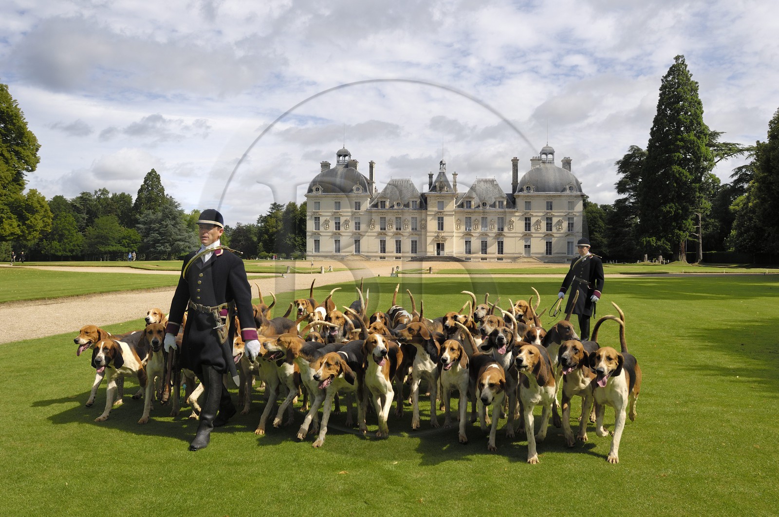 France, Loir et Cher, Chateau de Cheverny, the hunstmen Vol au Vent and La Rosée, who manage the pack of 90 dogs for hunting