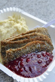 Sweden, Västra Götaland, Göteborg (Gothenburg), herring and mashed potatoes takeaway
