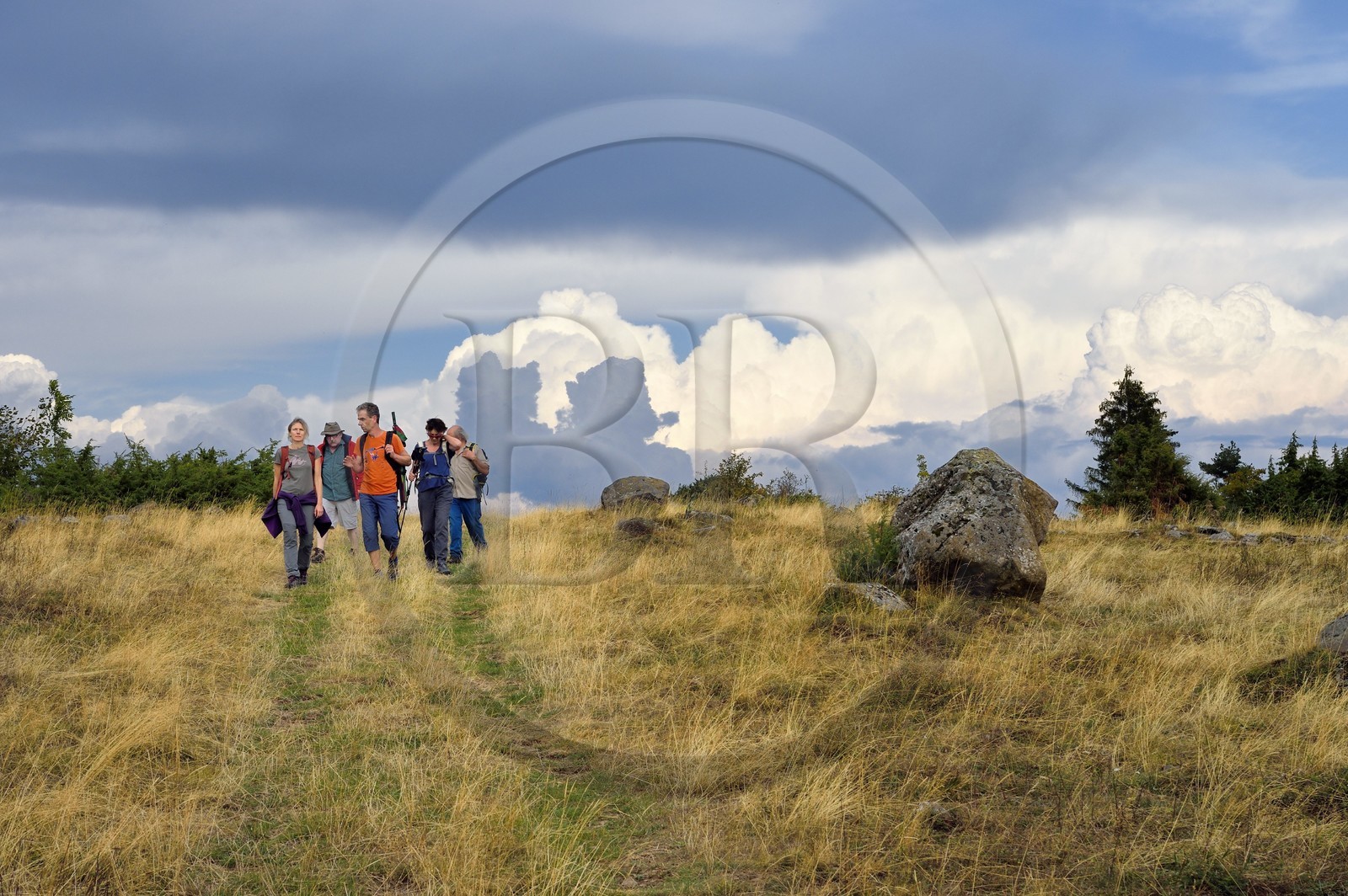 France, Cantal, Parc Naturel Régional des Volcans d'Auvergne (regional nature park of Auvergne volcanoes), Chastel-sur-Murat plateau, hikers on the Way of St. James to Santiago de Compostela by Via Arverna