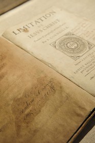 France, Seine Maritime, Rouen, Pierre Corneille museum, the book Imitation of Christ (De imitatione Christi) dedicated by Corneille to his teacher at the Jesuit High School