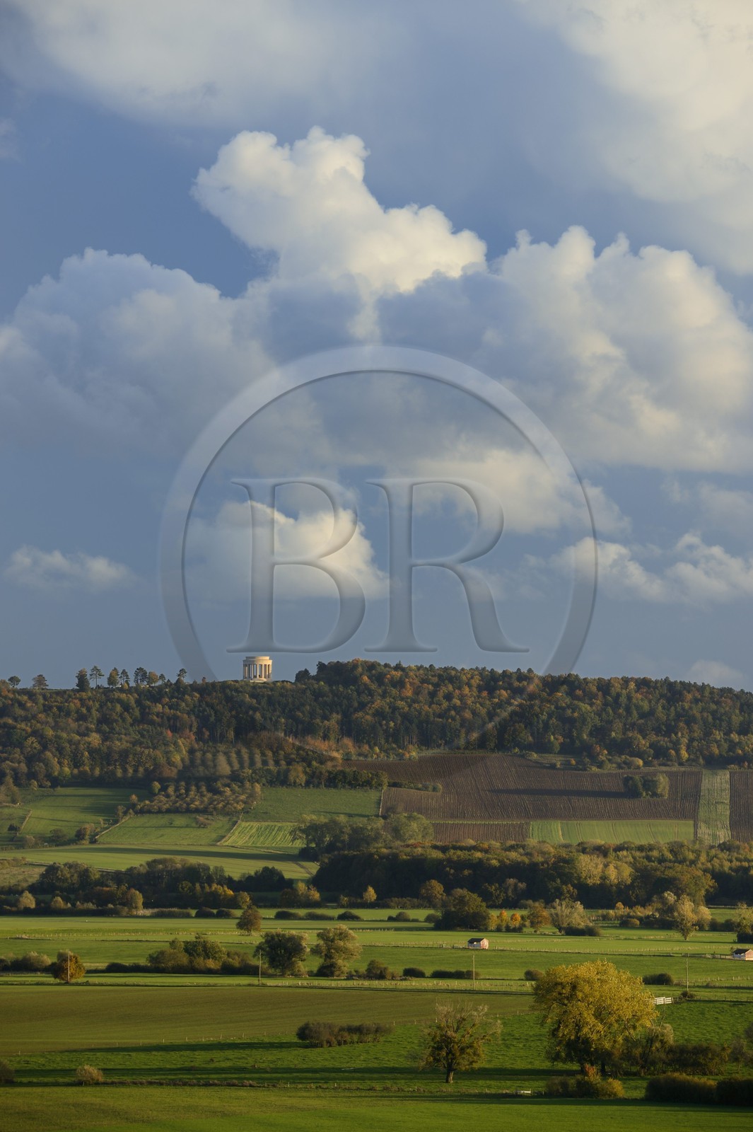 France, Meuse, Lorraine Regional Park, Cotes de Meuse, the plain of Woevre and the Butte Montsec American Monument in the background