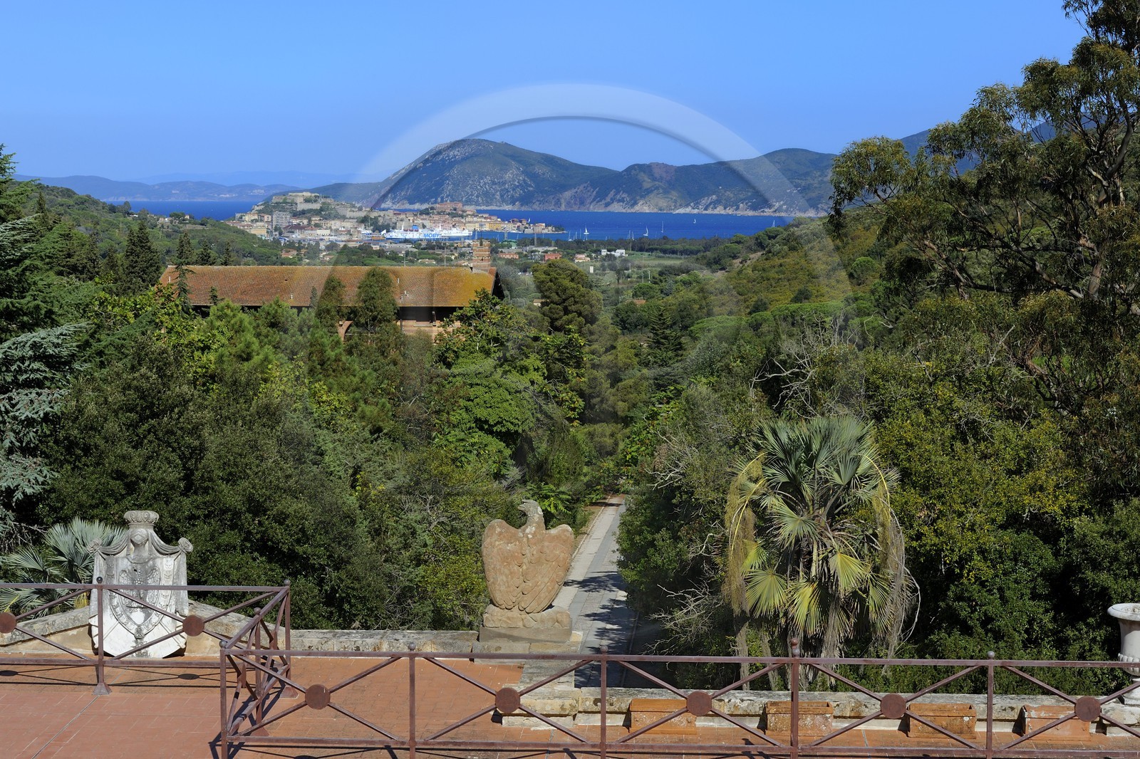 Italy, Tuscany, Elba Island, San Martino, the Villa Napoleonica bought by Napoleon 1st during his exile, view from the terrace on Portoferraio
