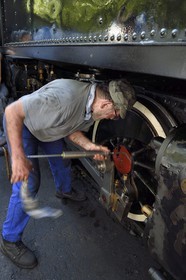 France, Alpes-Maritimes, Puget Theniers, the Train des Pignes historic train, steam engine warming up, lubricating operation
