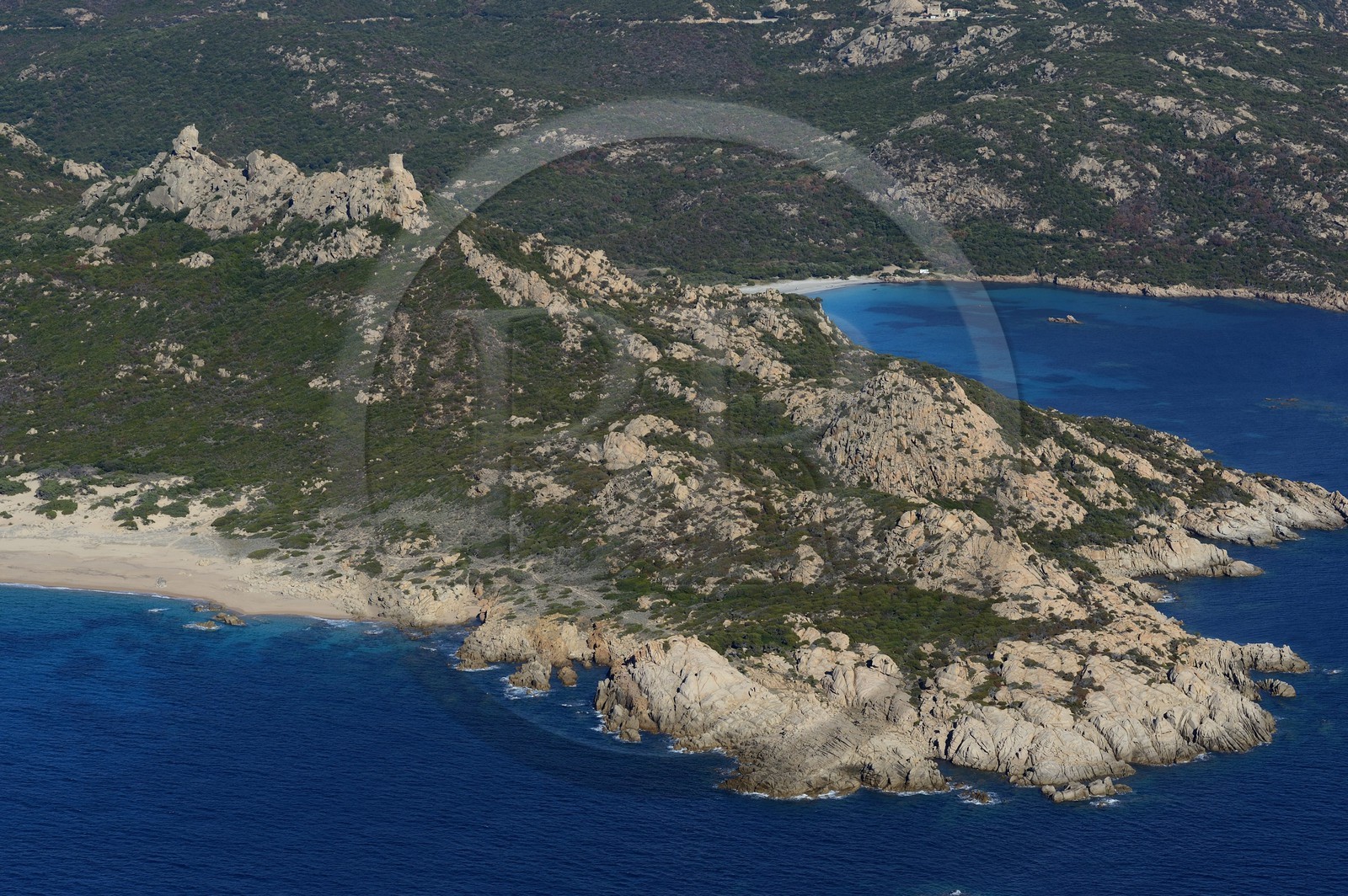 France, Corse du Sud, Cala de Roccapina natural site, Roccapina genoese tower and Lion rock (aerial view)