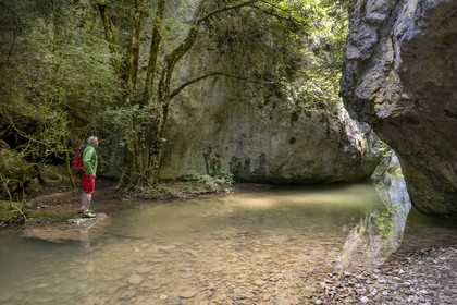 France, Vaucluse (84), Parc naturel régional du Mont Ventoux, Monieux, Gorges de La Nesque, le guide et expert des lieux Daniel Villanova en bordure de la Nesque