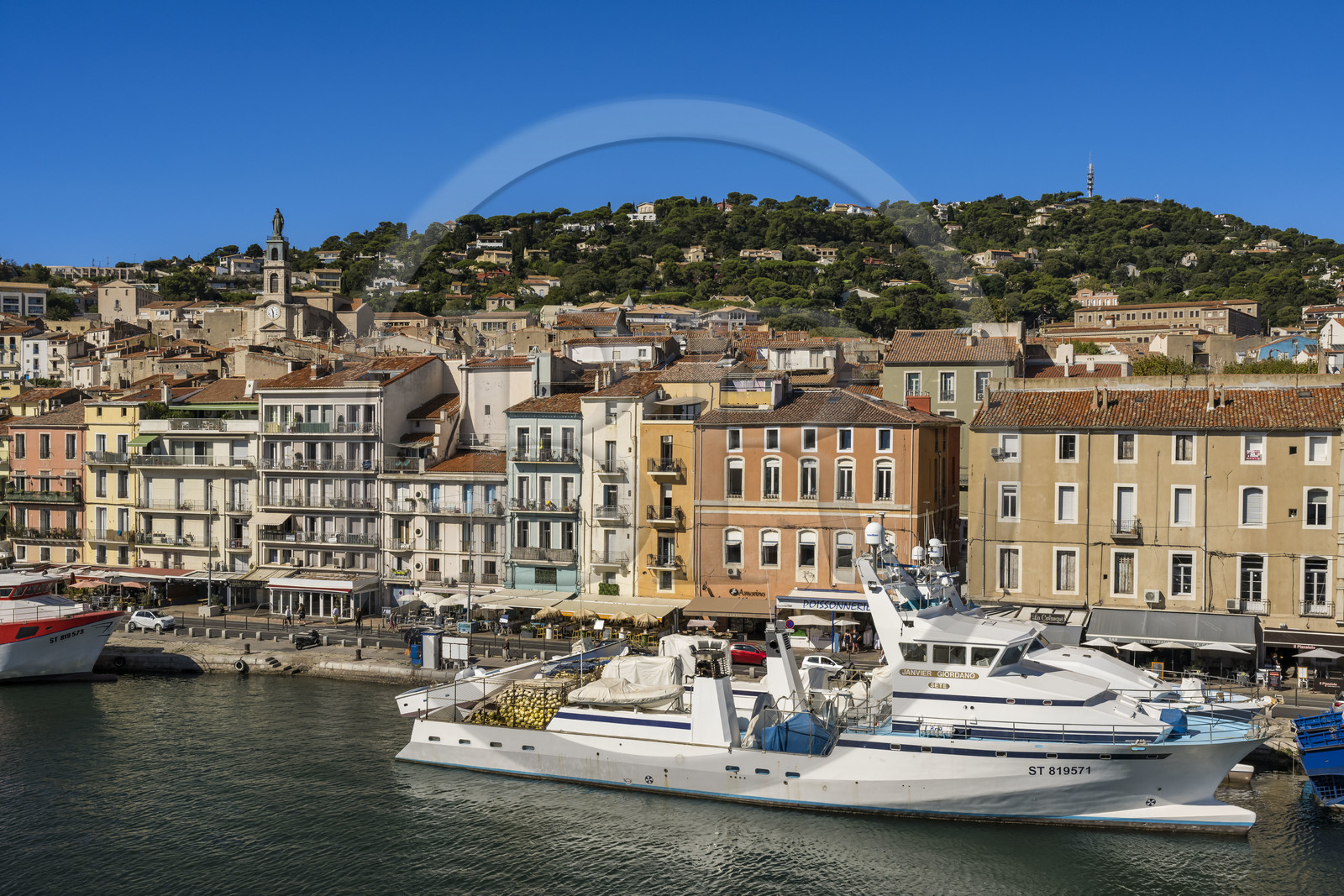 France, Hérault (34), Sète, canal Royal, thoniers senneurs à quai au pied du Mont Saint-Clair et de l'église décanale saint Louis surmontée par une statue de la Vierge Marie