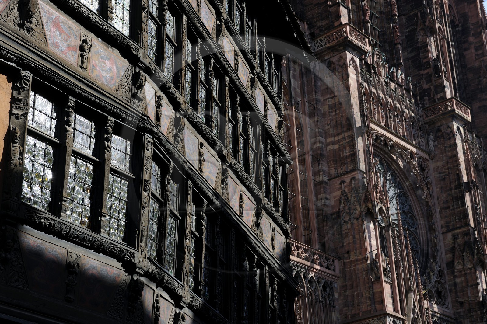 France, Bas Rhin, Strasbourg, old town listed as World Heritage by UNESCO, facade of wooden half-timbering house Kammerzell, place de la cathedrale