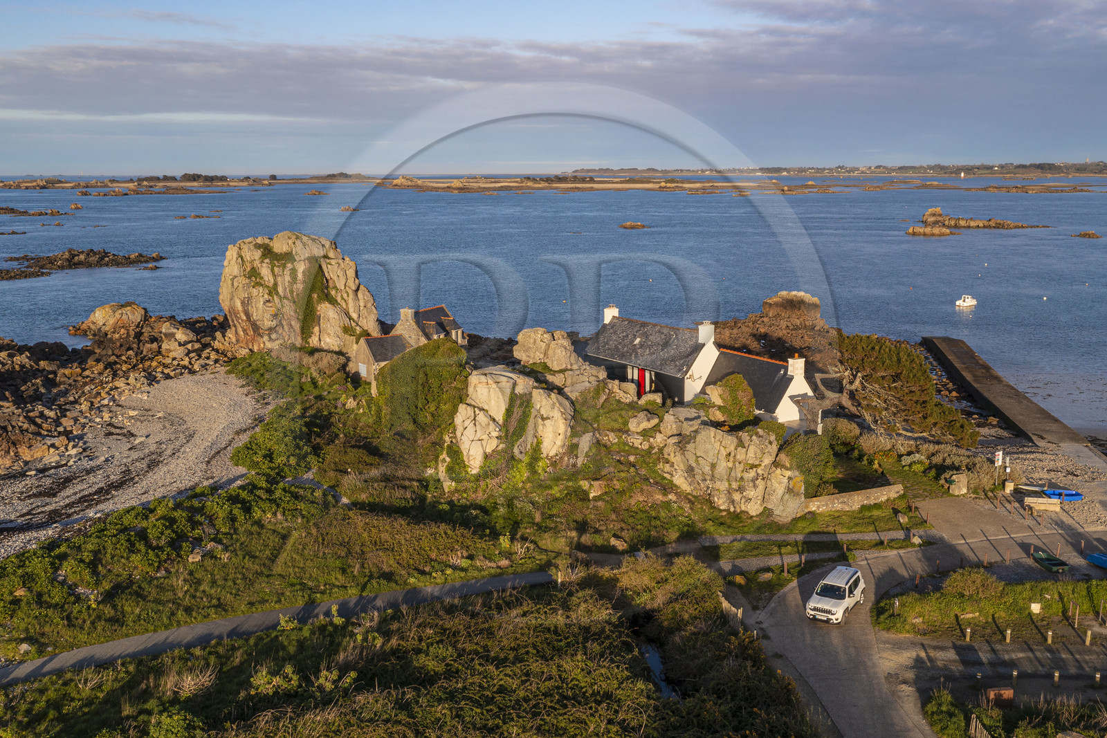 France, Cotes-d'Armor, Cote d'Ajoncs, Plougrescant, the beach of Porz Hir or Pors-hir (aerial view)