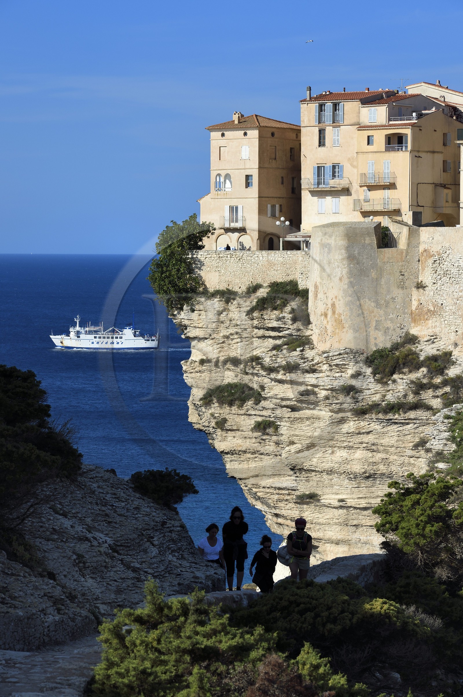 France, Corse-du-Sud (2A), Bonifacio, la vieille ville ou Haute Ville perchée sur des falaises de calcaire de plus de 60 mètres de haut et sortie du ferry de liaison avec la Sardaigne
