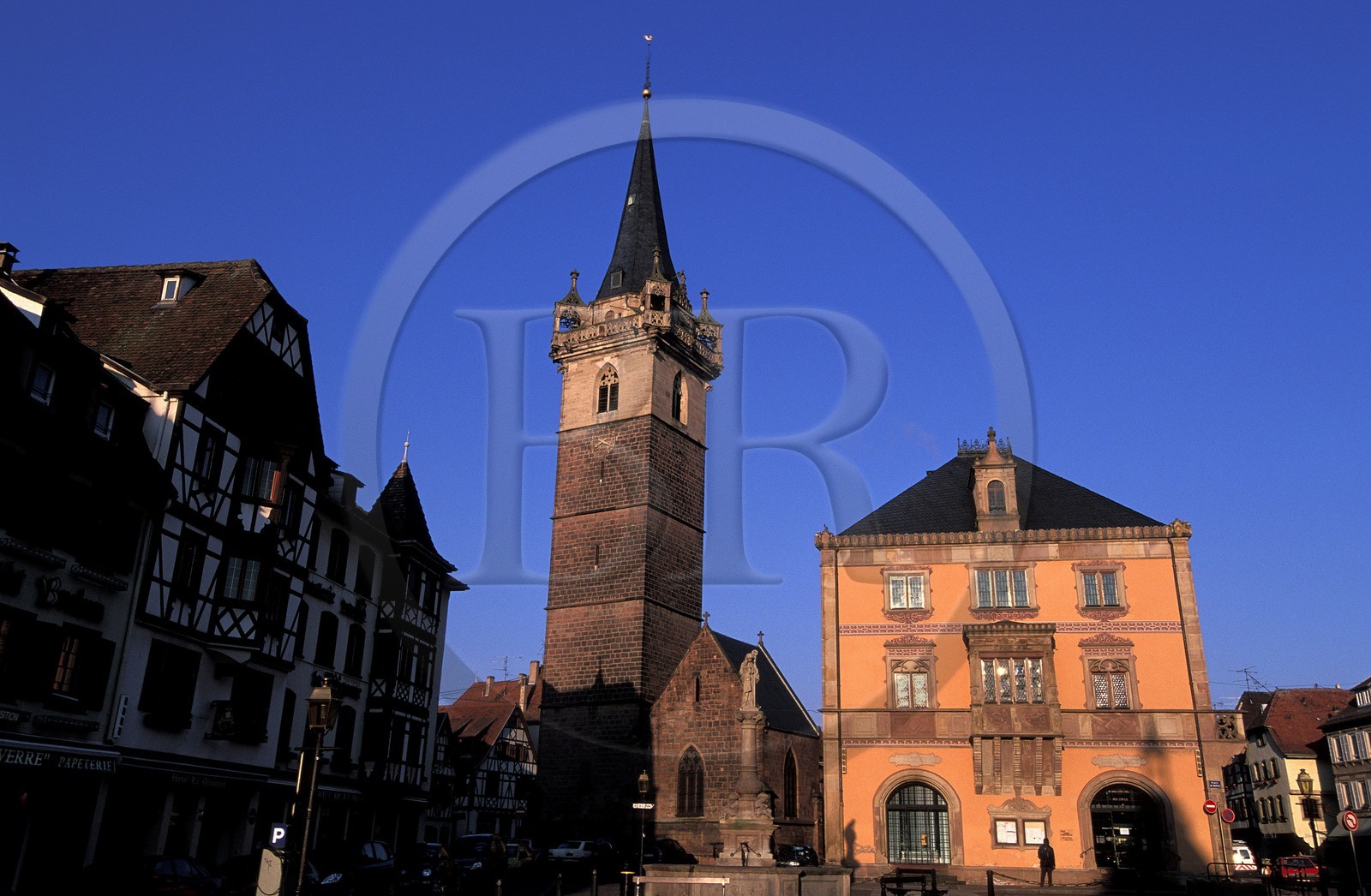 France, Bas Rhin, Obernai, market place (town hall and chapel tower)