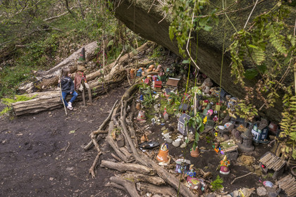 France, Cotes-d'Armor, Cote de Granit Rose, Trégastel, Valley of the Great Traouiero, the house of the korrigans and its many objects left by visitors illustrates legends