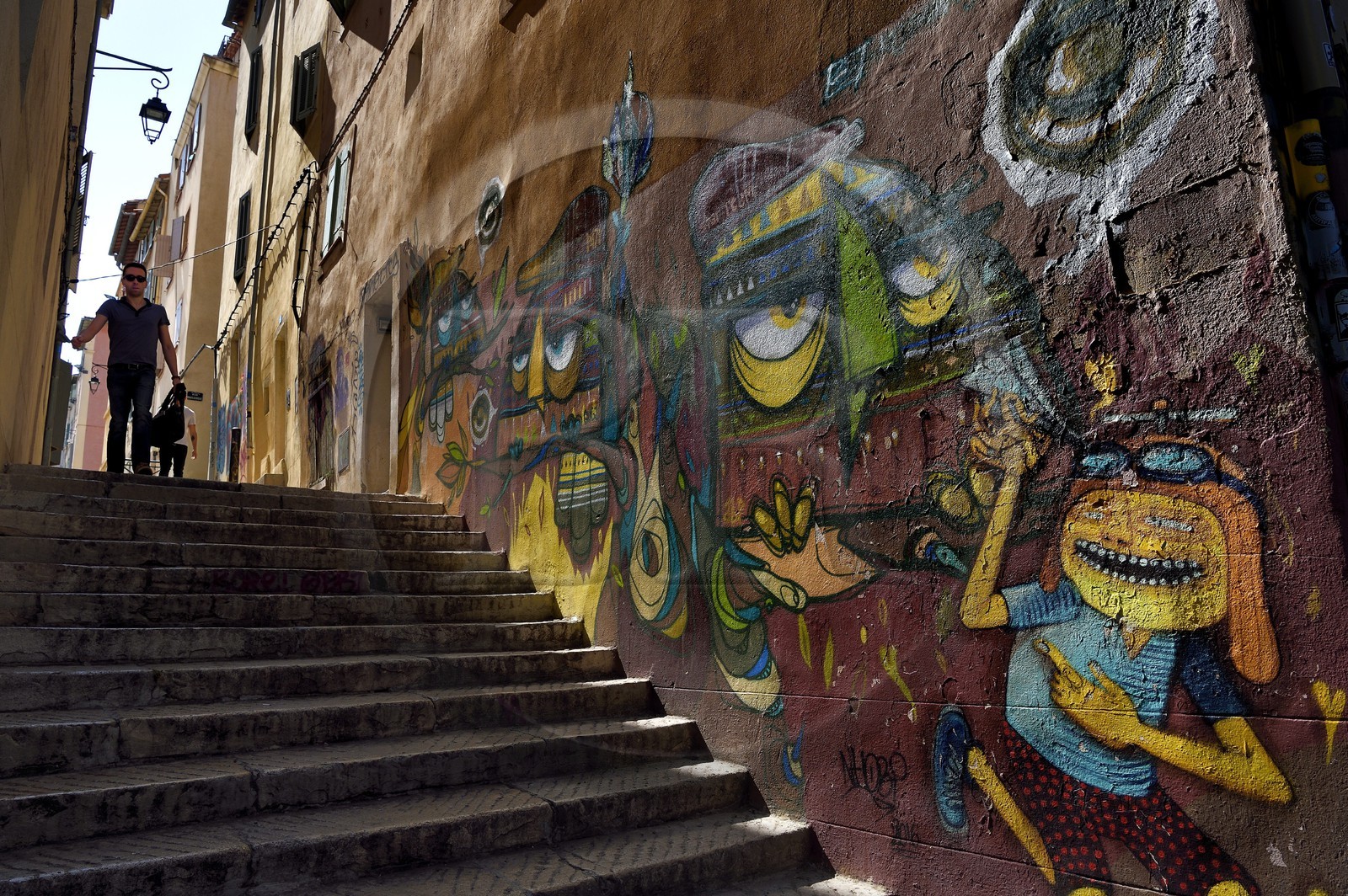 France, Bouches du Rhone, Marseille, Panier district, stairs from the rue des Repenties, graffiti from the Undartground concept store, work of street Brazilian artist Nhobi