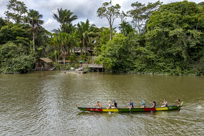 France, French Guiana, Kourou, Camp Maripas, race of two P12 pirogue (traditional Guyanese pirogue adapted in resin) on the Kourou River (aerial view)