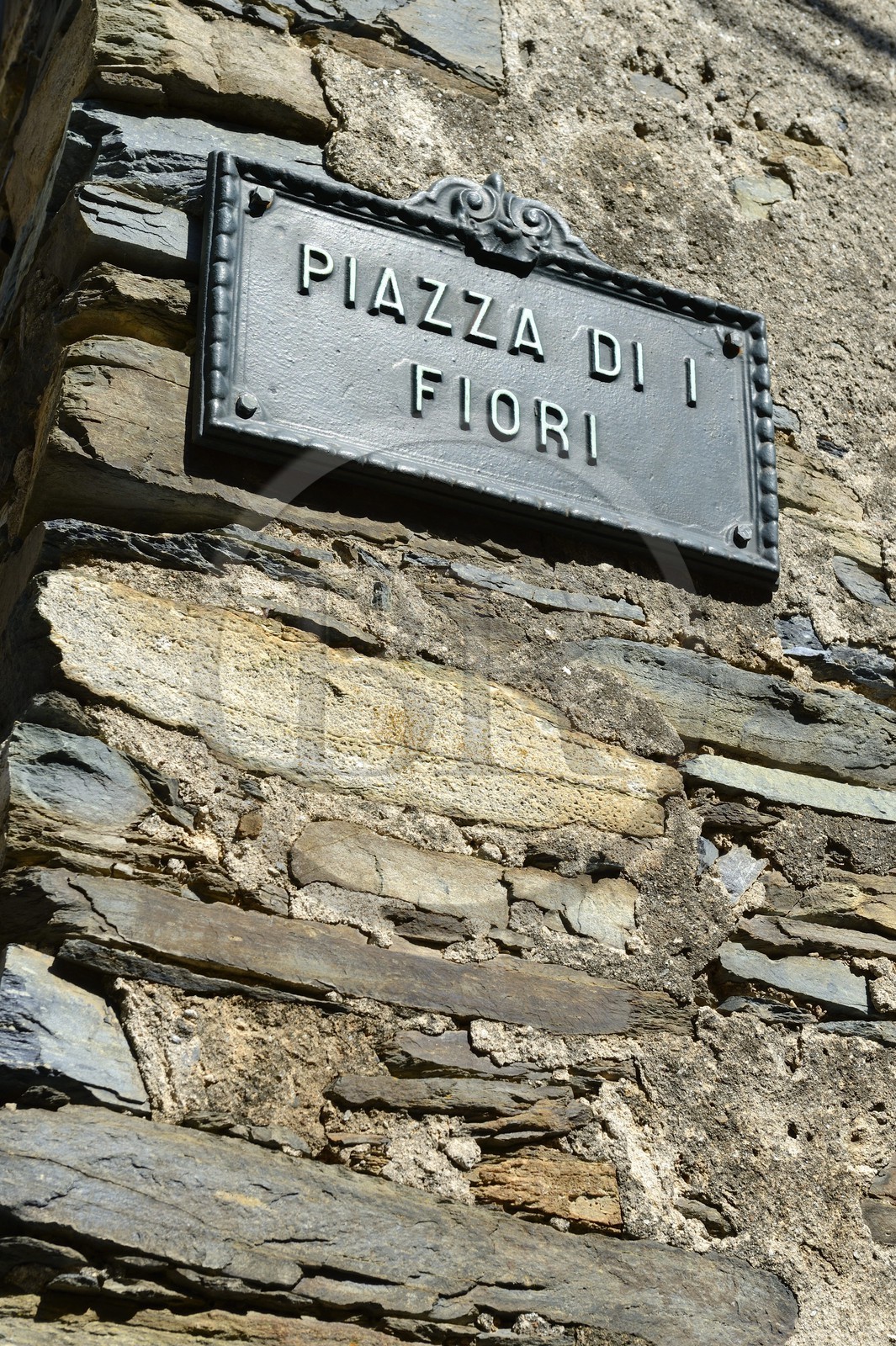 France, Haute Corse, Casinca region in Castagniccia, village of Penta di Casinca, street sign on a schist house