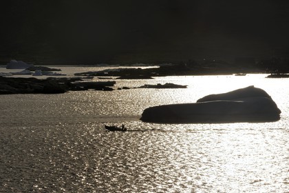 Groenland, fjord de Nanortalik au sud du pays, bateau progressant entre les icebergs