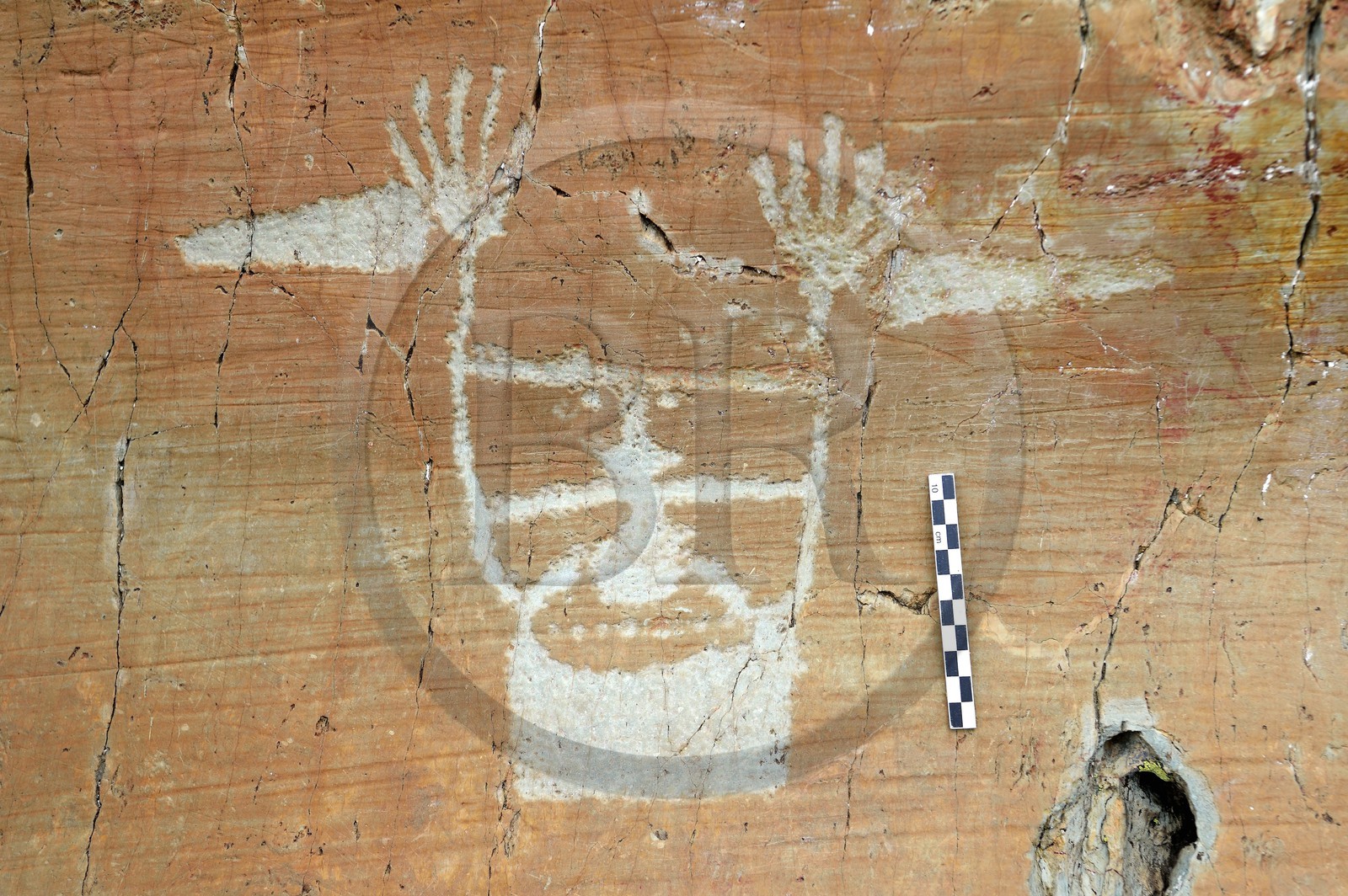 France, Alpes-Maritimes, parc national du Mercantour (Mercantour National Park), the Vallee des Merveilles (Valley of Wonders) scattered with thousands of rupestral engravings of the Bronze Age, hornlike anthropomorphized figure engraved on the so called rock of The Sorcerer on the chiappes yellow schist flagstones