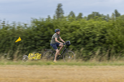France, Maine-et-Loire (49), vallée de la Loire classée au Patrimoine Mondial par l'UNESCO, Saumur vers Saint-Hilaire, randonnée à bicyclette avec une remorque transportant le matériel de camping