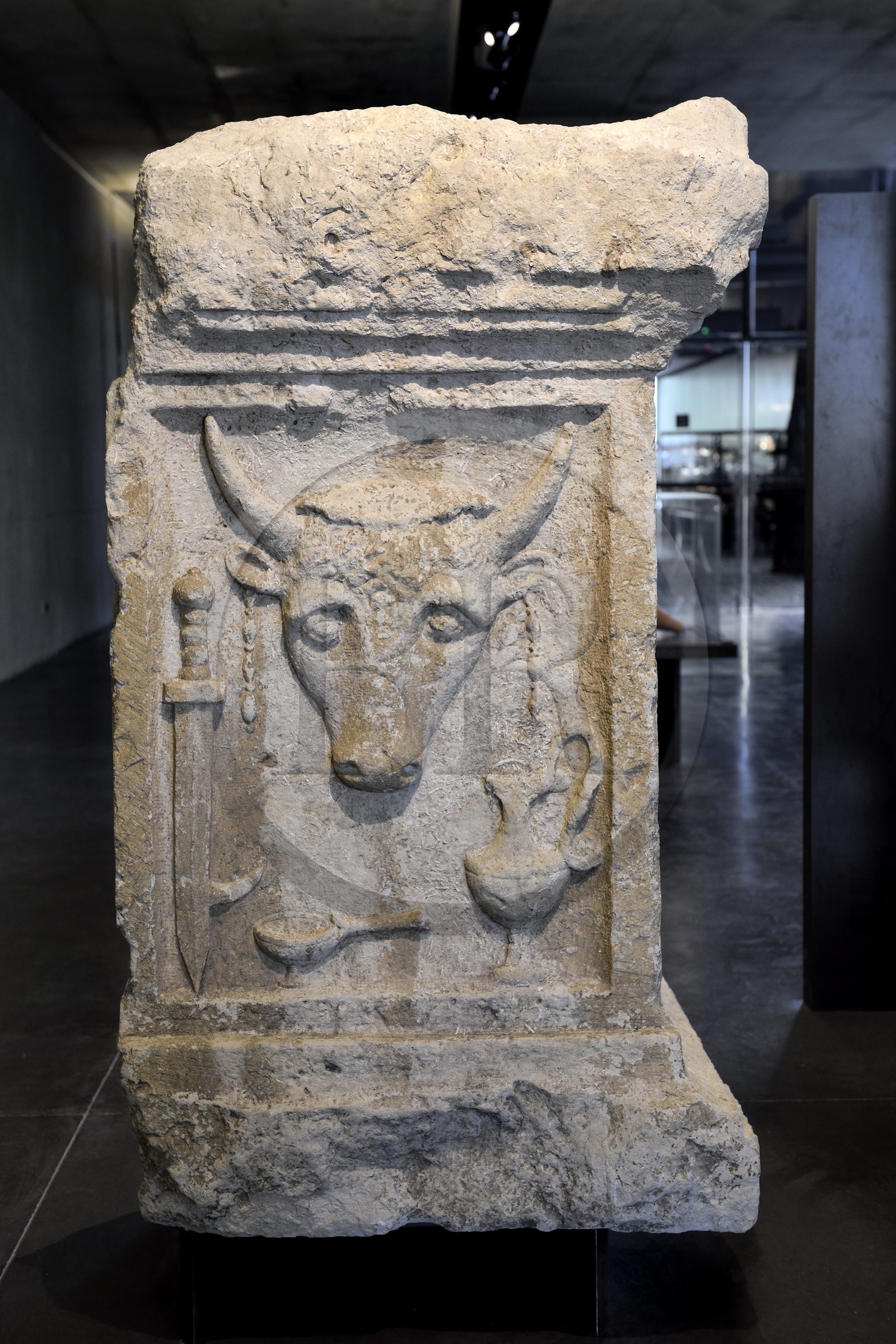 France, Dordogne, White Perigord, Perigueux, Vesunna museum, Gallo-Roman museum and site designed by architect Jean Nouvel (legal reference), Taurobolic altar dedicated to Cybele and imperial Numina found in Périgueux
