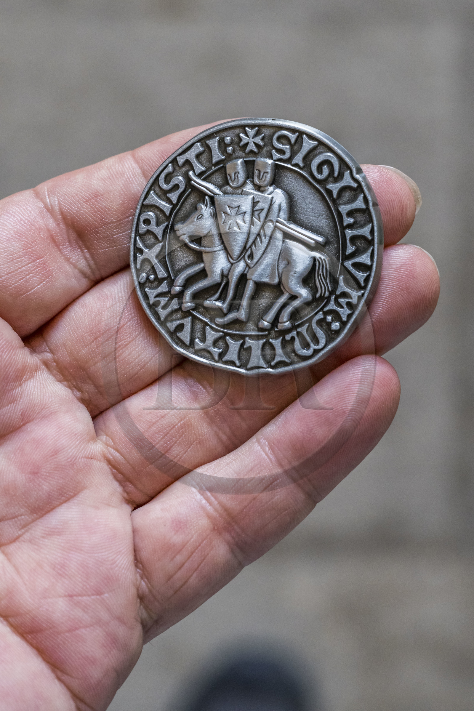 France, Gard, Aigues Mortes, reproduction of the seal of the Templars representing two knights on the same horse