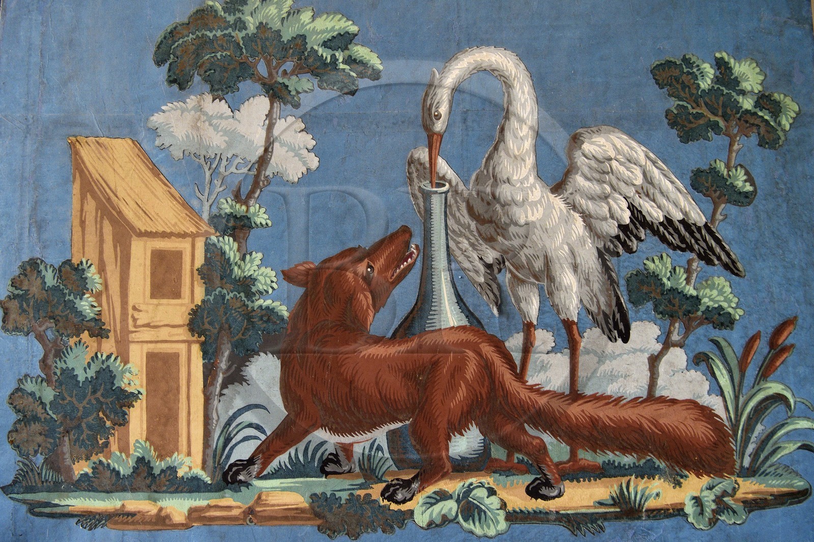 France, Aisne (02), Château-Thierry, Musée Jean de La Fontaine - Ville de Chateau-Thierry, illustration de la Fable le Renard et la Cigogne sur un papier peint du XVIIIème siècle d'après le peintre Jean Baptiste Oudry