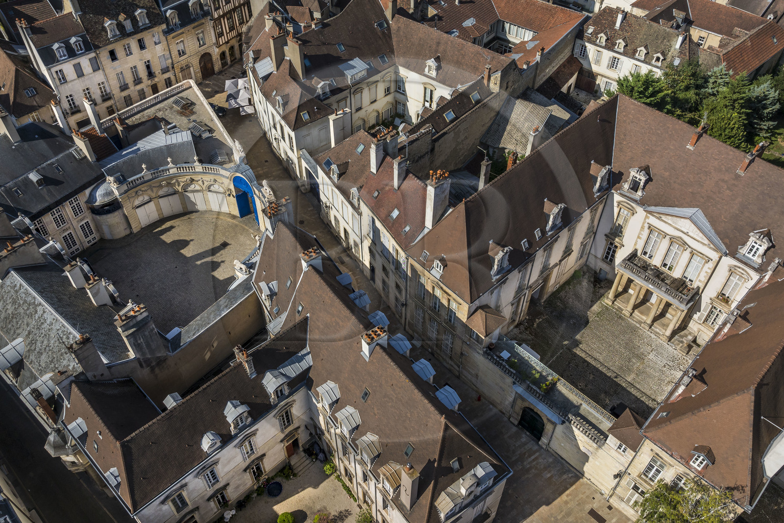 France, Cote d'Or, Dijon, area listed as World Heritage by UNESCO, private mansions on rue Vauban, the Hotel Legouz de Gerland built in 1538 on the left and the Hotel Bouhier de Savigny built around 1640 on the right (aerial view)