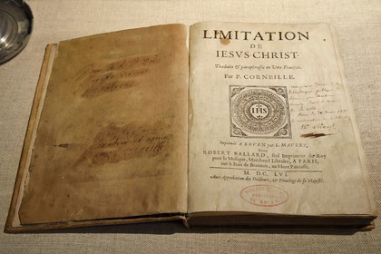 France, Seine Maritime, Rouen, Pierre Corneille museum, the book Imitation of Christ (De imitatione Christi) dedicated by Corneille to his teacher at the Jesuit High School