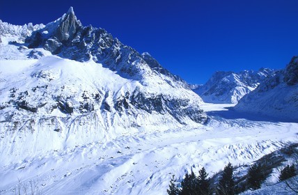 France, Haute Savoie, Chamonix valley, Mer de glace at the foot of Aiguille verte mountain in the Vallee Blanche, Mont Blanc