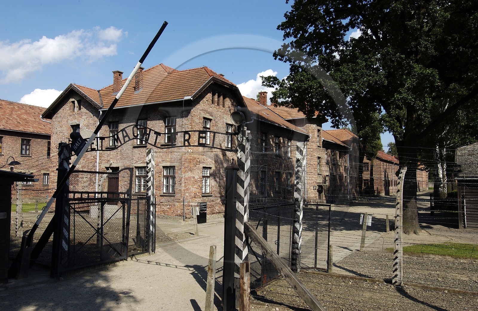 Poland, Silesian region, near Krakow, village of Oswiecim, the camp of extermination of Auschwitz, listed as World Heritage by UNESCO, the camp entrance with the motto Arbeit macht frei (Work makes you free)