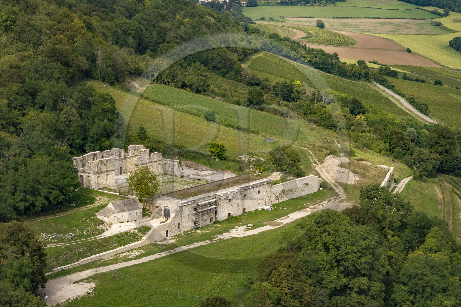 France, Côte-d'Or (21), Curtil-Vergy, ruines de l'abbaye Saint-Vivant de Vergy, ancien prieuré clunisien (vue aérienne)