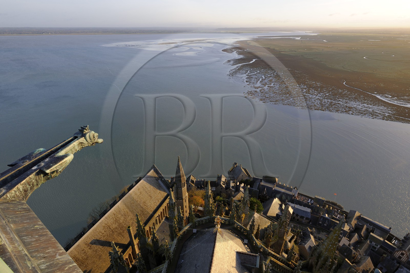 France, Manche, Mont Saint Michel, listed as World Heritage by UNESCO, Apse and the bay seen from the spire at dawn