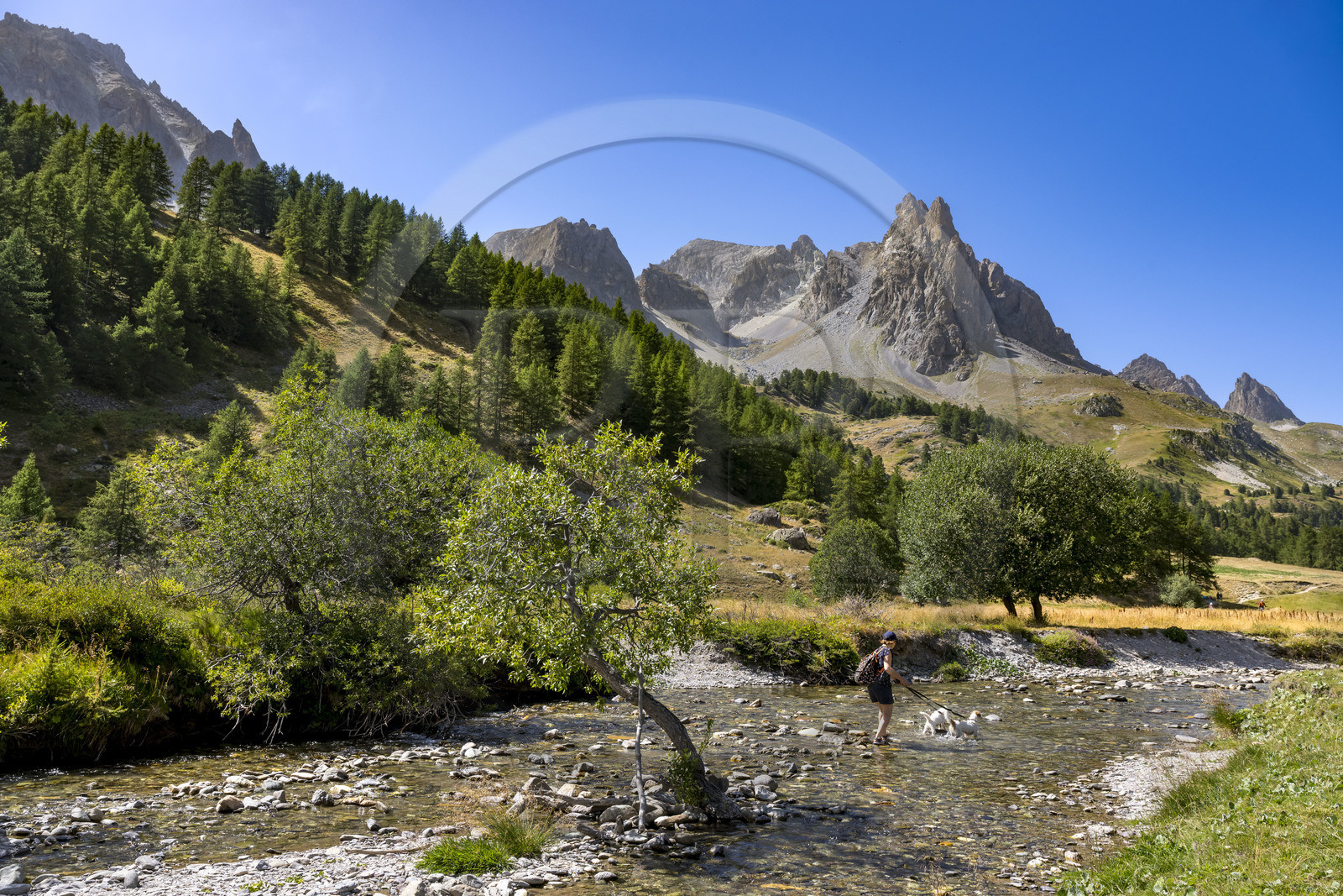 France, Hautes Alpes (05), le Briançonnais, Névache, vallée de la Clarée, la rivière La Clarée au pont du Moutet, le massif des Cerces et les pointes de la Main de Crépin (2942m) en arrière-plan