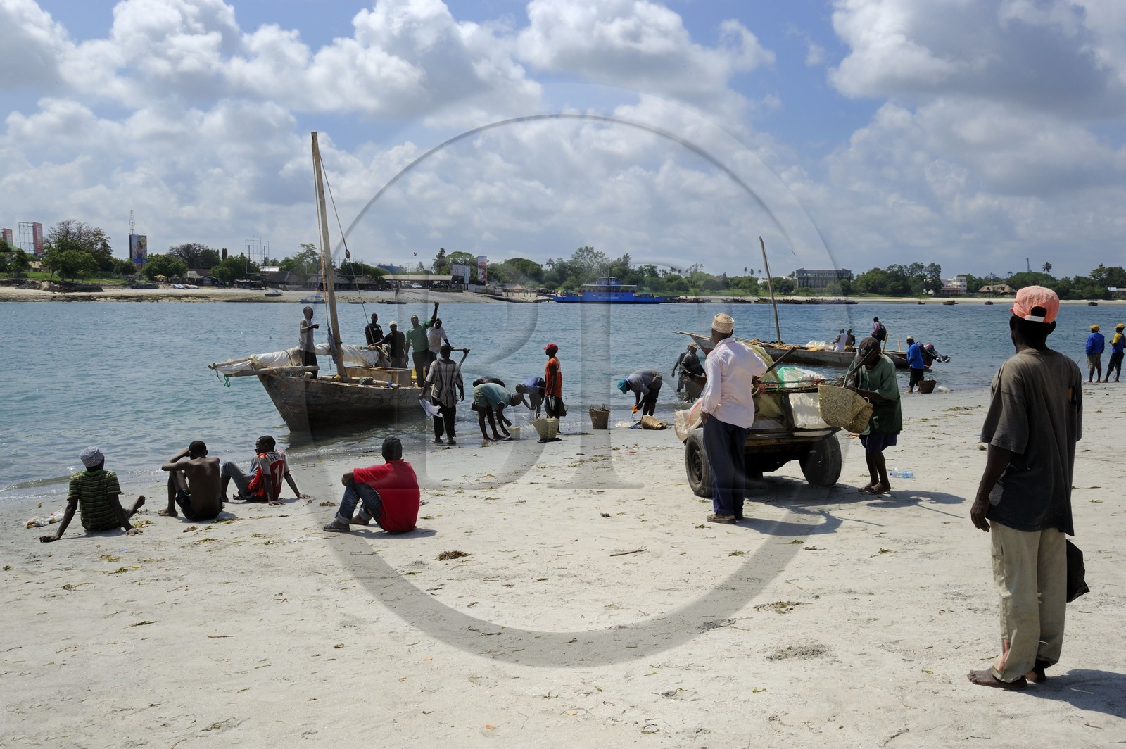 Tanzanie, Dar es-Salaam, arrivée d'un bateau de pêche sur la plage devant le marché aux poissons de Kivukoni