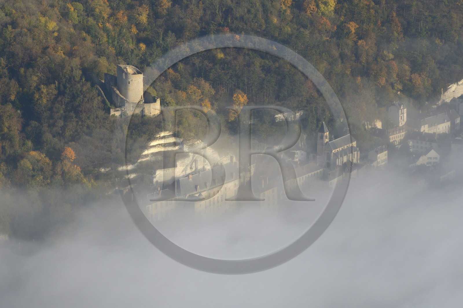 France, Val d'Oise, French Vexin Natural Park, la Roche-Guyon village, labelled Les Plus Beaux Villages de France (The Most Beautiful Villages of France), the castle on the Seine river (aerial view)