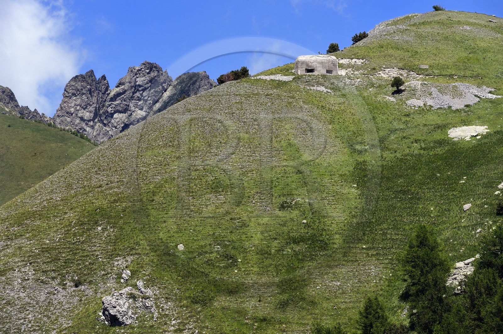 France, Alpes-Maritimes, Roya Valley, Tende region at the Baisse (pass) of Peyrefique (2028 m) and overlooking the valley Casterine, bunker part of a fortified line on the Italian border built under Mussolini
