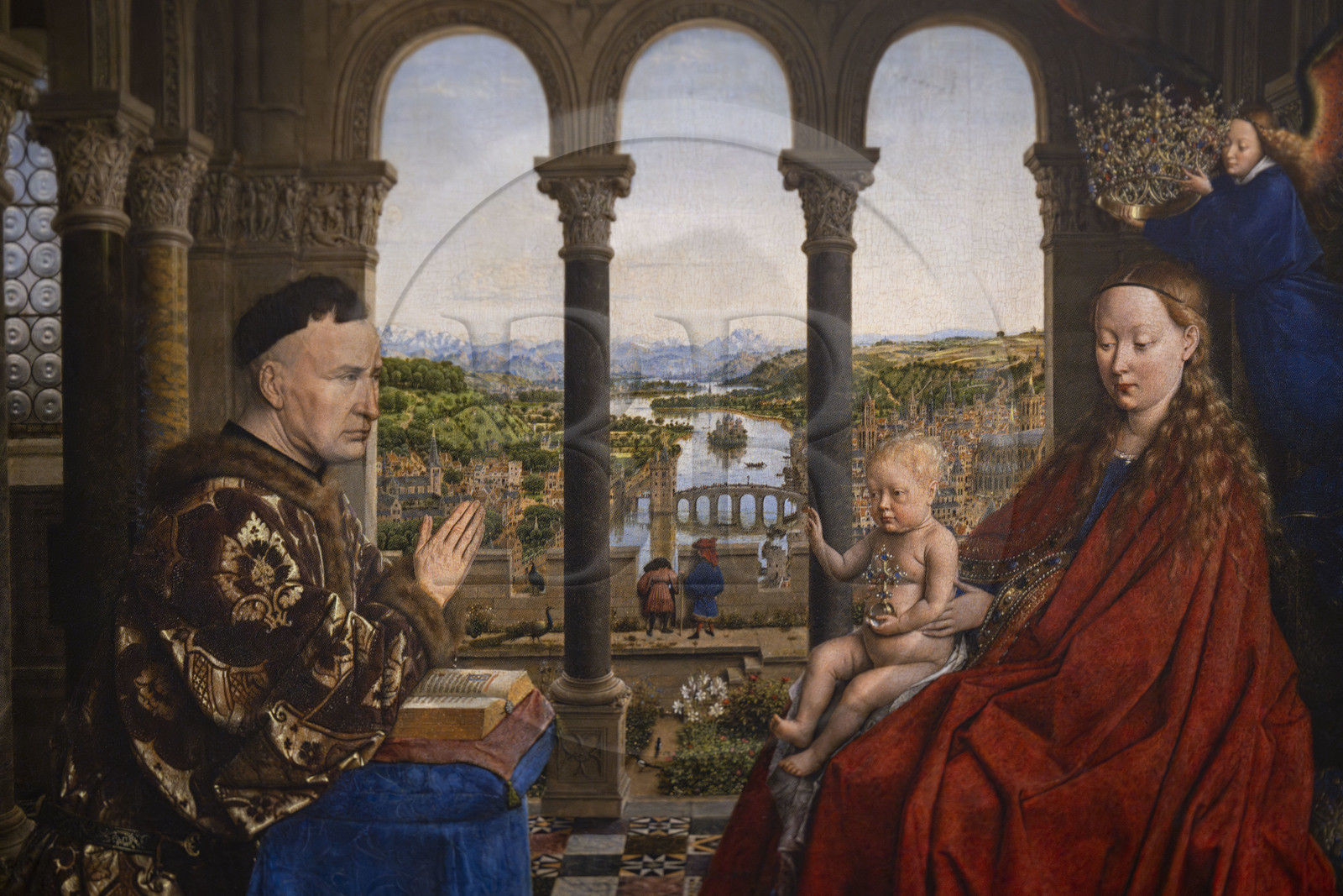 France, Côte-d'Or (21), Beaune, zone classée Patrimoine Mondial de l'UNESCO, Hospices de Beaune, l'Hôtel-Dieu, tableau La Vierge du chancelier Rolin (représenté à gauche) par Jan Van Eyck vers 1430