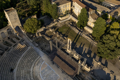 France, Bouches du Rhone, Arles, the ancient theatre of the 1st century BC, listed as World heritage by UNESCO (aerial view)